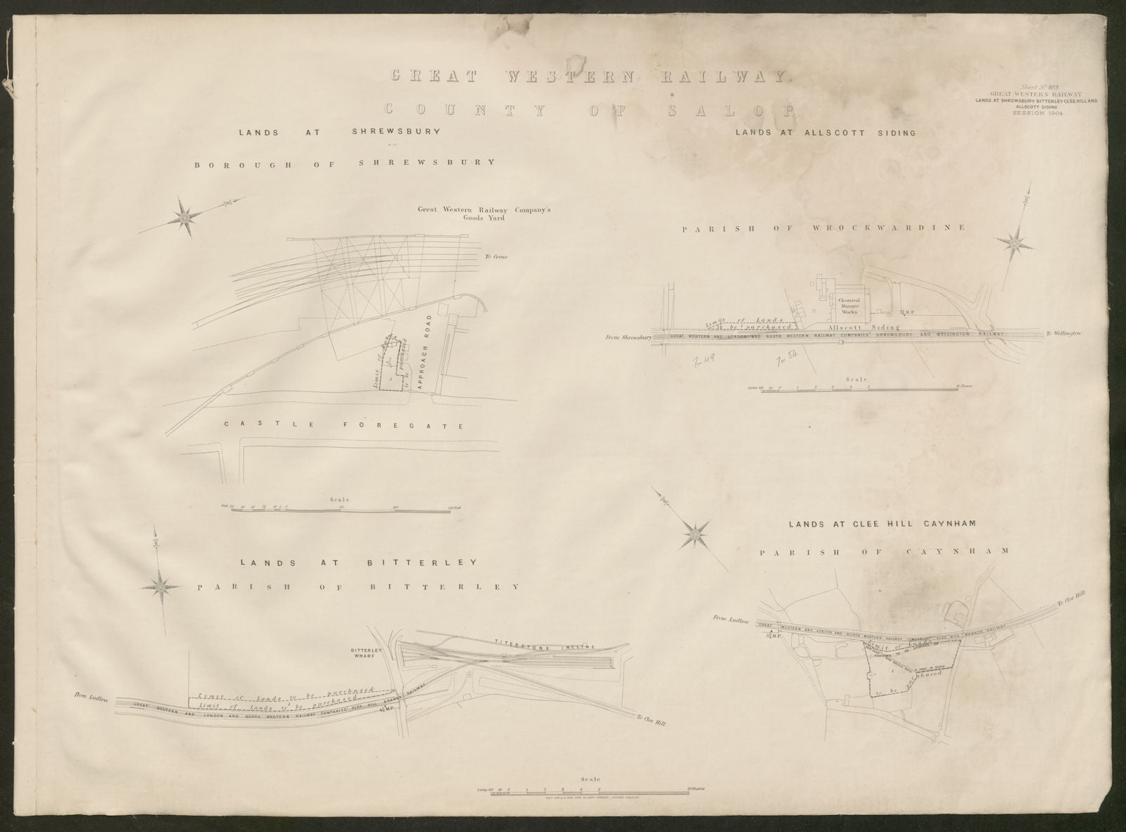 GWR railway plan. Shrewsbury Bitterley Clee Hill Allscott Siding Shrops 1904 map